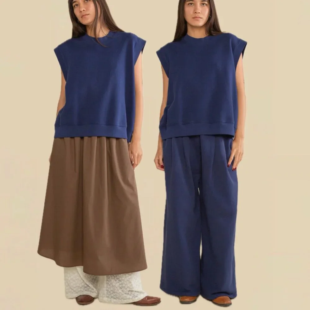 (NWOT) NLT Cotton-Fleece Boxy Garment-Dye Sleeveless Sweatshirt Vest (True Navy) - Picture 6 of 16